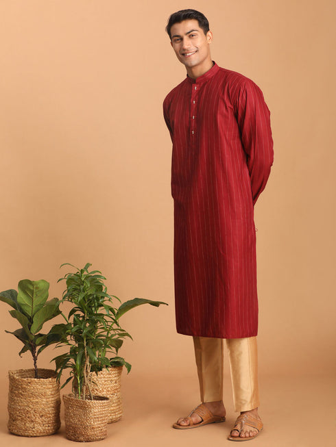Vastramay Men's Maroon Striped Kurta And Rose Gold Pant Set