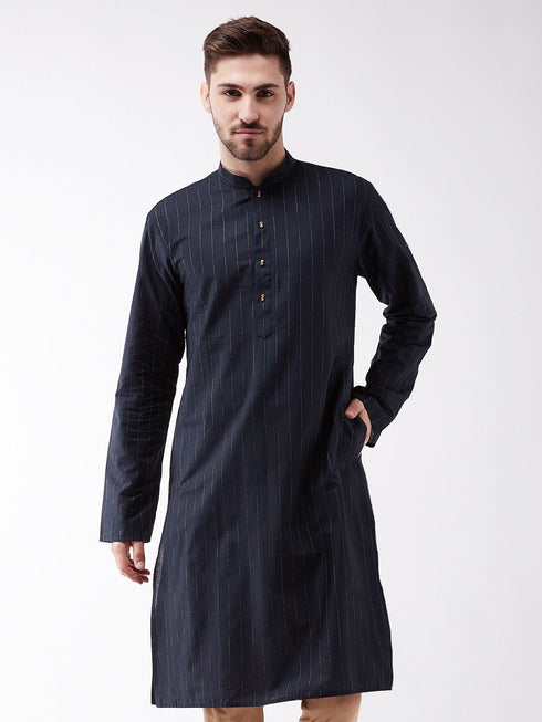 Vastramay Men's Navy Blue Cotton Blend Kurta