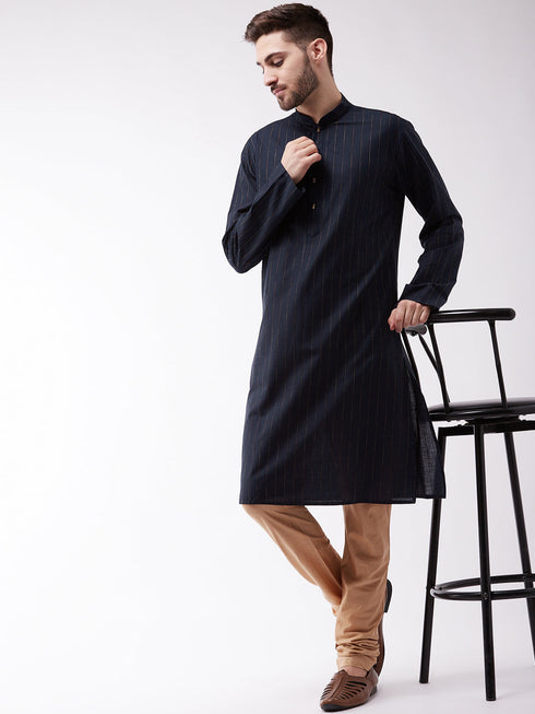 Vastramay Men's Navy Blue And Rose Gold Cotton Blend Kurta Pyjama Set