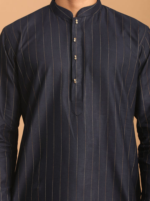 Vastramay Men's Navy Blue Striped Kurta And Rose Gold Pant Set