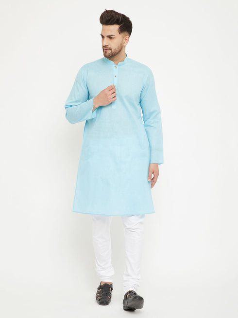 Vastramay Men's Aqua And White Cotton Blend Kurta Pyjama Set