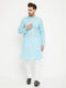 Vastramay Men's Aqua And White Cotton Blend Kurta Pyjama Set