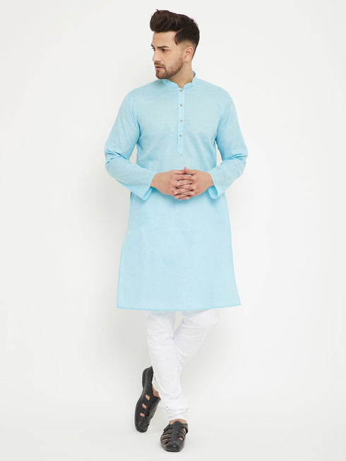 Vastramay Men's Aqua And White Cotton Blend Kurta Pyjama Set