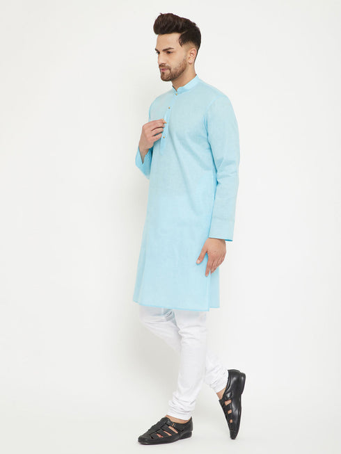 Vastramay Men's Aqua And White Cotton Blend Kurta Pyjama Set