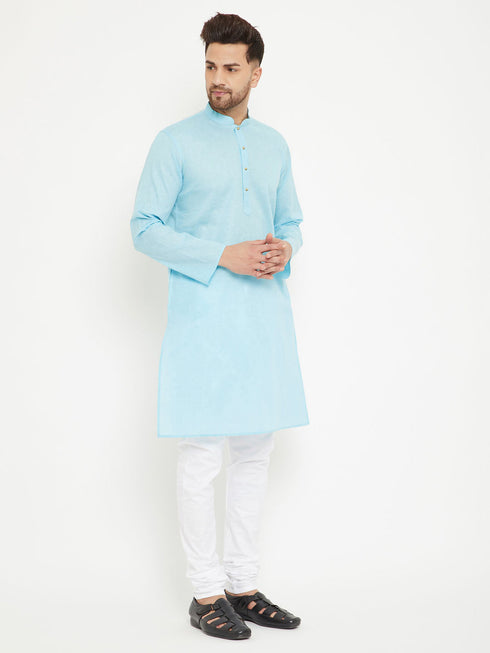 Vastramay Men's Aqua And White Cotton Blend Kurta Pyjama Set