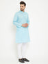 Vastramay Men's Aqua And White Cotton Blend Kurta Pyjama Set
