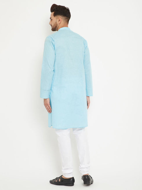 Vastramay Men's Aqua And White Cotton Blend Kurta Pyjama Set