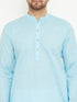 Vastramay Men's Aqua And White Cotton Blend Kurta Pyjama Set