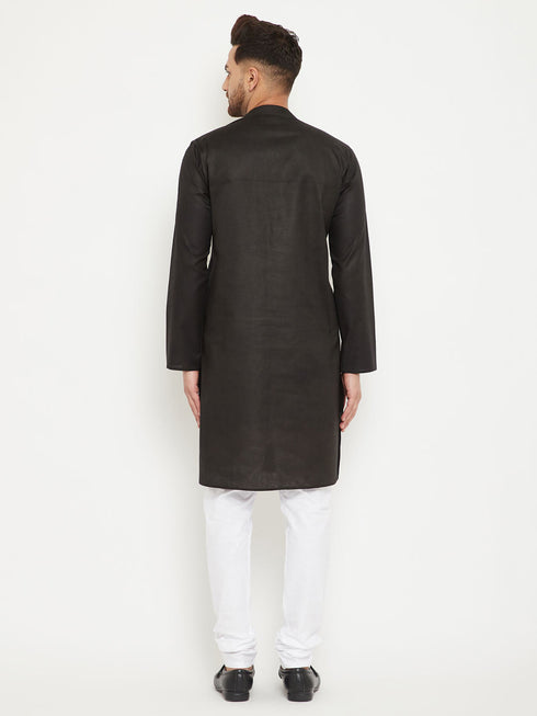 Vastramay Men's Black And White Cotton Blend Kurta Pyjama Set