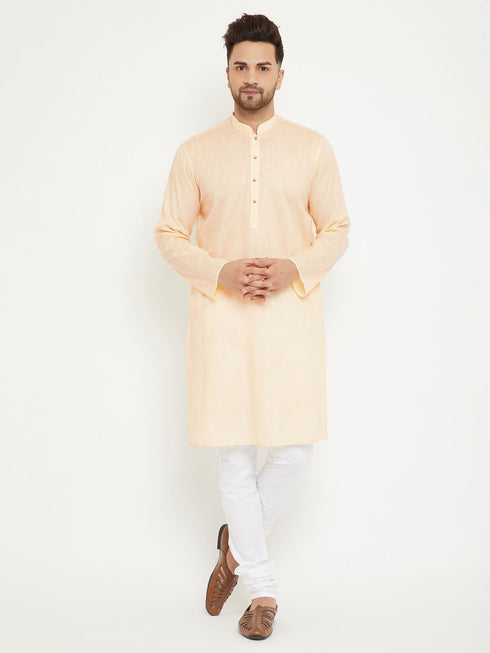 Vastramay Men's Cream And White Cotton Blend Kurta Pyjama Set