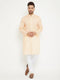 Vastramay Men's Cream And White Cotton Blend Kurta Pyjama Set