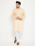 Vastramay Men's Cream And White Cotton Blend Kurta Pyjama Set