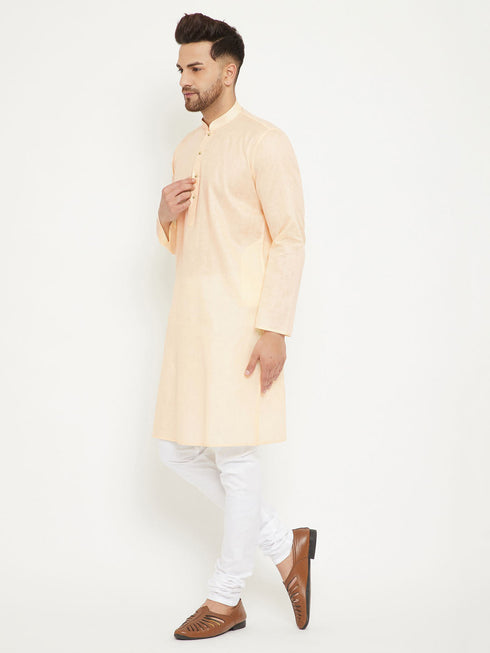 Vastramay Men's Cream And White Cotton Blend Kurta Pyjama Set