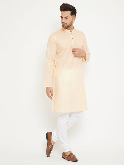 Vastramay Men's Cream And White Cotton Blend Kurta Pyjama Set