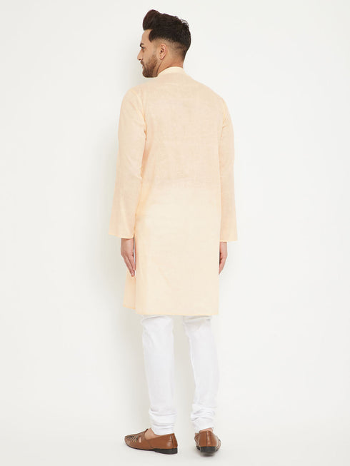 Vastramay Men's Cream And White Cotton Blend Kurta Pyjama Set