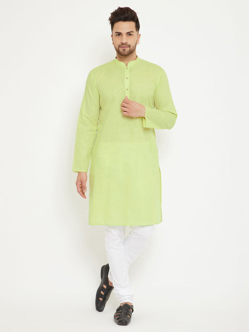 Vastramay Men's Green And White Cotton Blend Kurta Pyjama Set