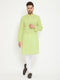 Vastramay Men's Green And White Cotton Blend Kurta Pyjama Set