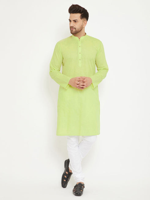Vastramay Men's Green And White Cotton Blend Kurta Pyjama Set
