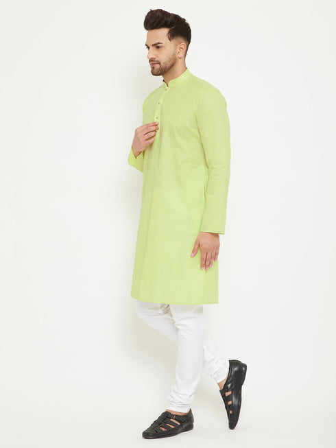 Vastramay Men's Green And White Cotton Blend Kurta Pyjama Set