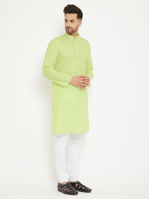 Vastramay Men's Green And White Cotton Blend Kurta Pyjama Set