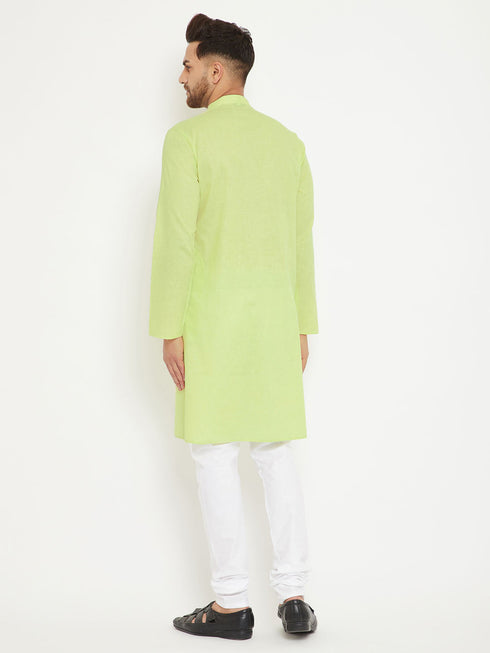 Vastramay Men's Green And White Cotton Blend Kurta Pyjama Set