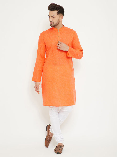 Vastramay Men's Orange And White Cotton Blend Kurta Pyjama Set