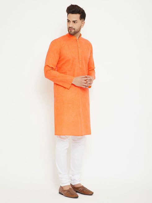 Vastramay Men's Orange And White Cotton Blend Kurta Pyjama Set