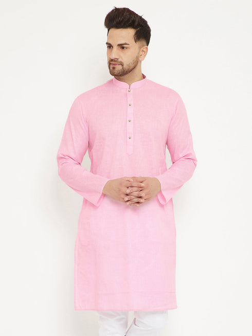 Vastramay Men's Pink Cotton Blend Kurta
