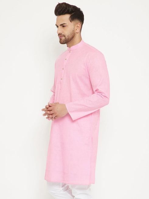 Vastramay Men's Pink Cotton Blend Kurta