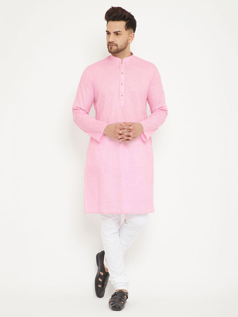 Vastramay Men's Pink And White Cotton Blend Kurta Pyjama Set