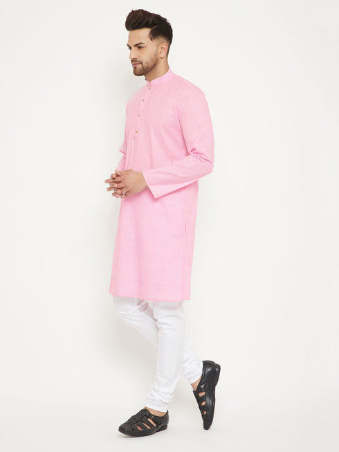 Vastramay Men's Pink And White Cotton Blend Kurta Pyjama Set