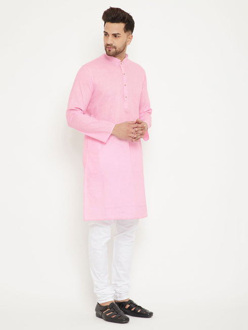 Vastramay Men's Pink And White Cotton Blend Kurta Pyjama Set