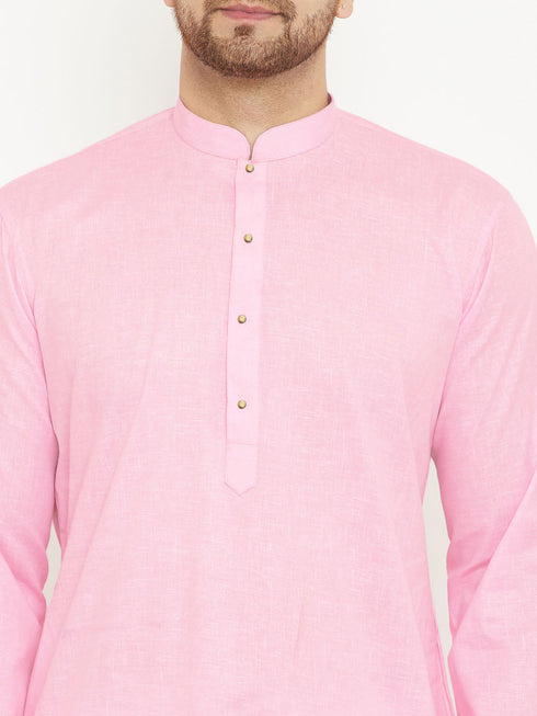 Vastramay Men's Pink And White Cotton Blend Kurta Pyjama Set