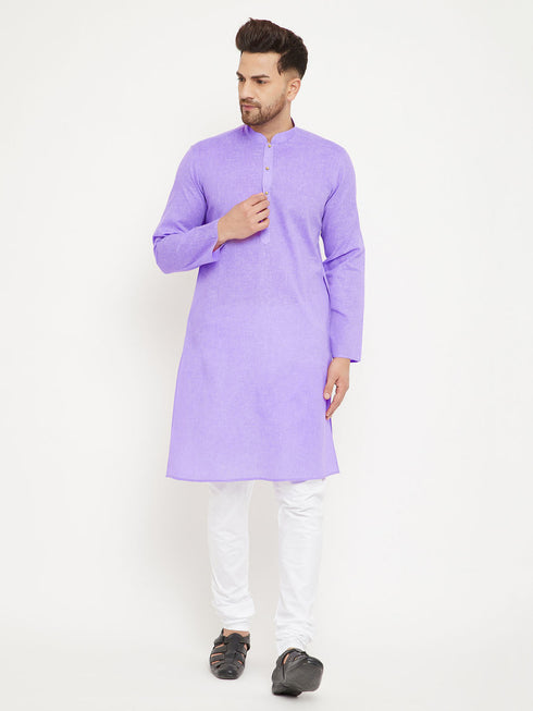 Vastramay Men's Purple And White Cotton Blend Kurta Pyjama Set