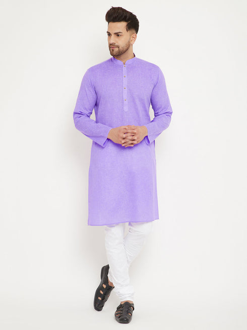 Vastramay Men's Purple And White Cotton Blend Kurta Pyjama Set