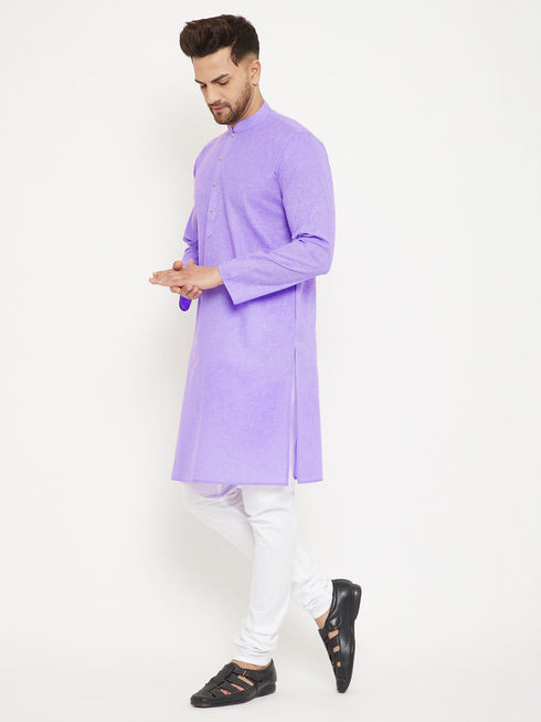 Vastramay Men's Purple And White Cotton Blend Kurta Pyjama Set
