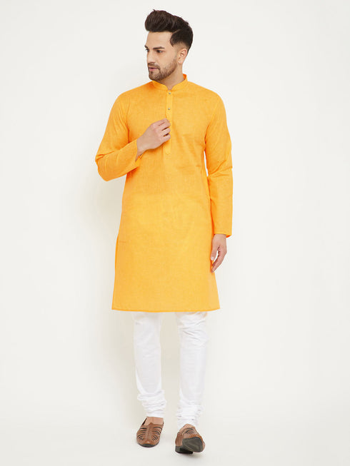 Vastramay Men's Yellow And White Cotton Blend Kurta Pyjama Set