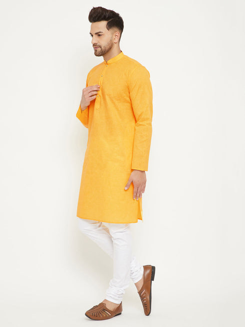 Vastramay Men's Yellow And White Cotton Blend Kurta Pyjama Set