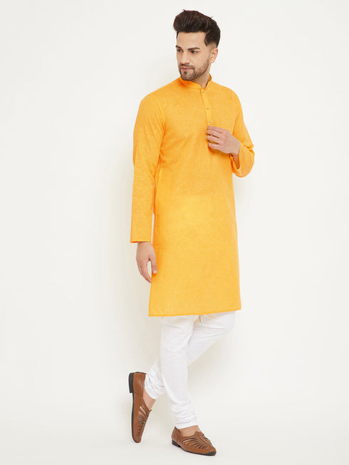 Vastramay Men's Yellow And White Cotton Blend Kurta Pyjama Set