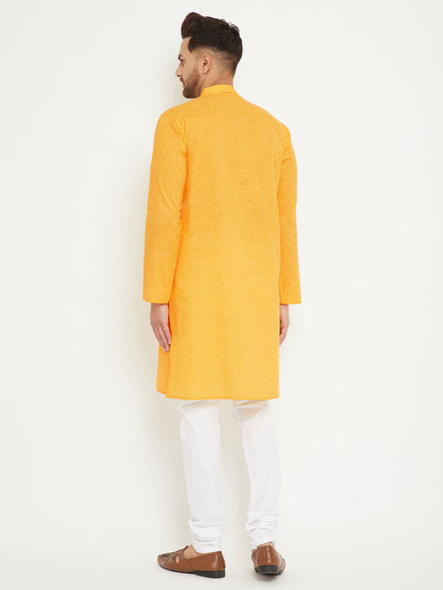 Vastramay Men's Yellow And White Cotton Blend Kurta Pyjama Set