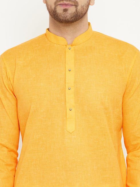 Vastramay Men's Yellow And White Cotton Blend Kurta Pyjama Set