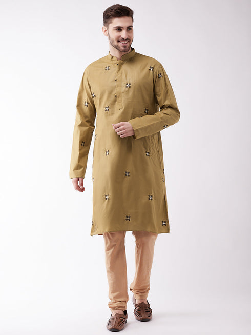 Vastramay Men's Chiku And Rose Gold Cotton Blend Kurta And Pyjama Set