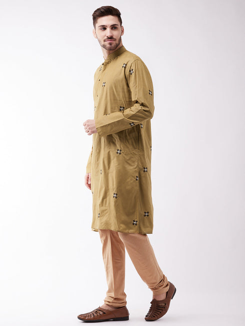 Vastramay Men's Chiku And Rose Gold Cotton Blend Kurta And Pyjama Set