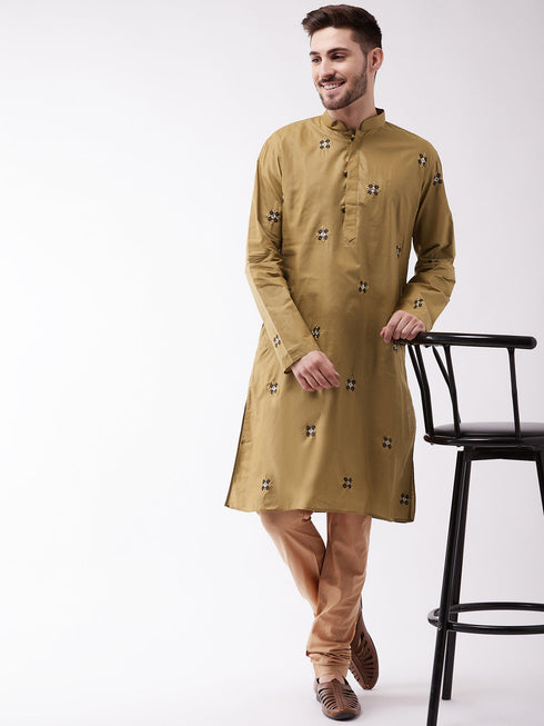 Vastramay Men's Chiku And Rose Gold Cotton Blend Kurta And Pyjama Set