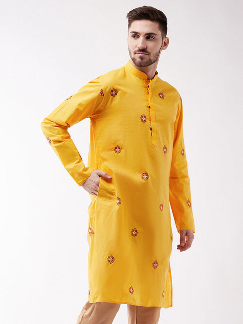 Vastramay Men's Yellow Cotton Blend Kurta