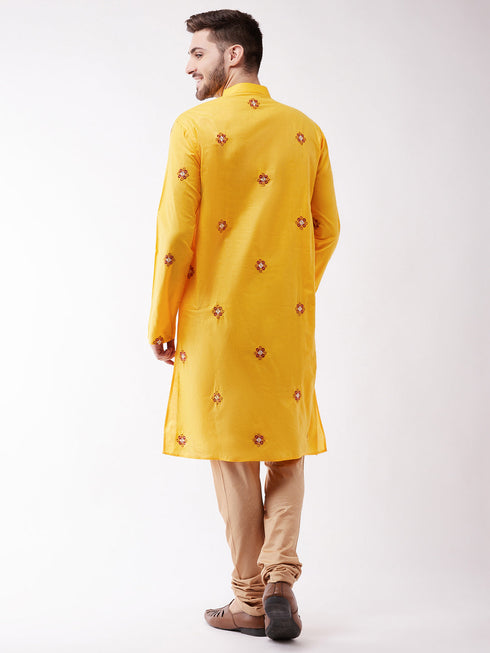 Vastramay Men's Yellow And Rose Gold Cotton Blend Kurta And Pyjama Set