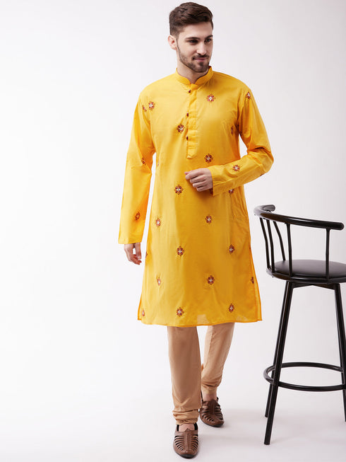 Vastramay Men's Yellow And Rose Gold Cotton Blend Kurta And Pyjama Set