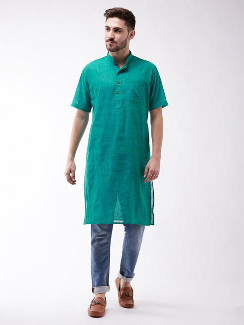 Vastramay Men's Solid Turquoise Pure Cotton Kurta