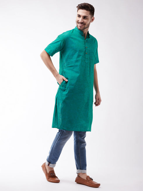 Vastramay Men's Solid Turquoise Pure Cotton Kurta