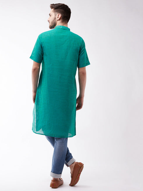 Vastramay Men's Solid Turquoise Pure Cotton Kurta